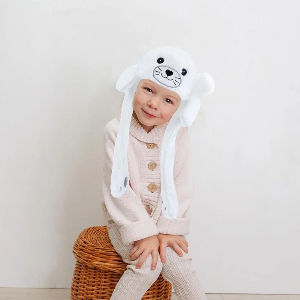 Kids Seal Animal Hat with Ears Moving Jumping Pop Up Beating Plush Holiday